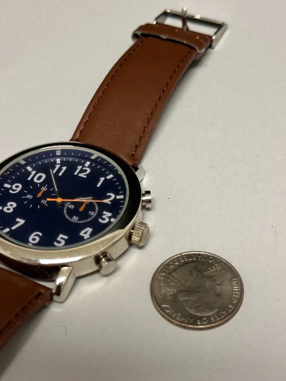 3/$30 Men Watch Silver Tone Blue Dial Faux Chronograph 46MM New Battery 10 Inch